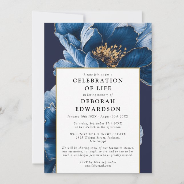 Invitation Marine Moderne Bleu Floral Célébration De La Vie (Devant)