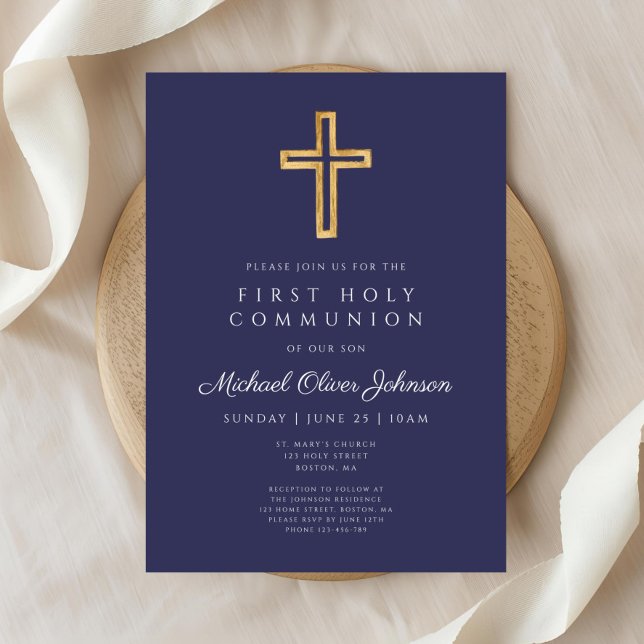 Invitation Marine moderne Bleu Religieux Garçon Première Comm (Modern Navy Blue Religious Boy First Communion Invitation)