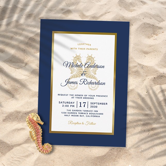 Invitation Marine moderne Blue Gold Seahorses Mariage élégant (Créateur téléchargé)