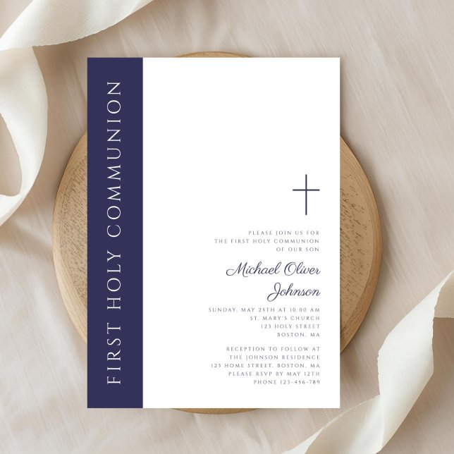 Invitation Marine moderne Elegant Croix Bleue Première commun (Modern Elegant Navy Blue Cross First Communion Invitation)