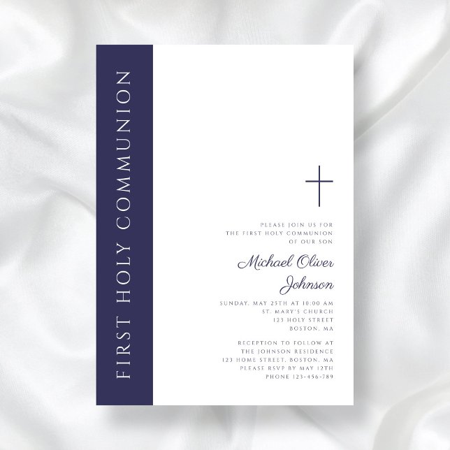 Invitation Marine moderne Elegant Croix Bleue Première commun (Modern Elegant Navy Blue Cross First Communion Invitation)