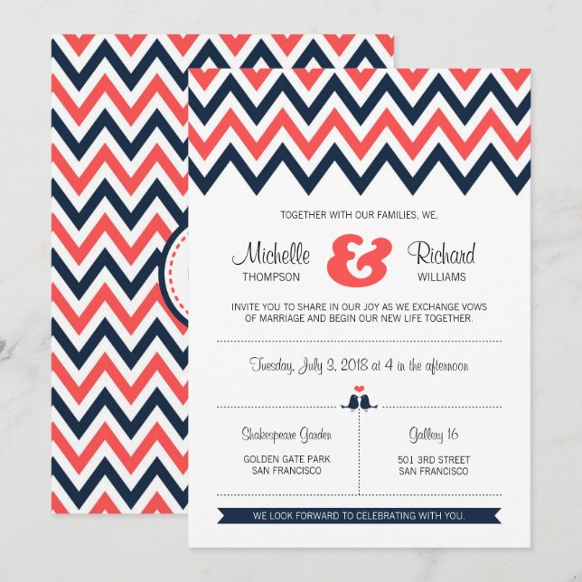 Invitation Marine moderne et Coral Chevron & Lovebirds Mariag (Devant / Derrière)