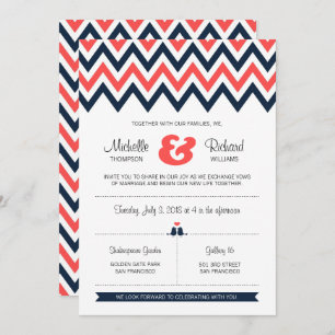 Invitation Marine moderne et Coral Chevron & Lovebirds Mariag