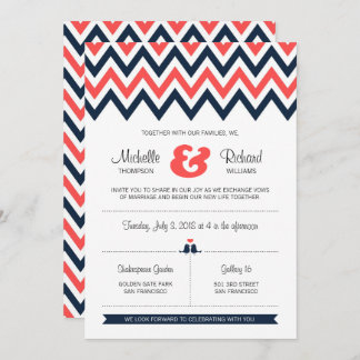 Invitation Marine moderne et Coral Chevron & Lovebirds Mariag