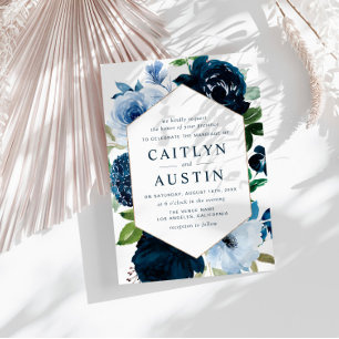 Invitation marine moderne et fleurs bleu clair mariage