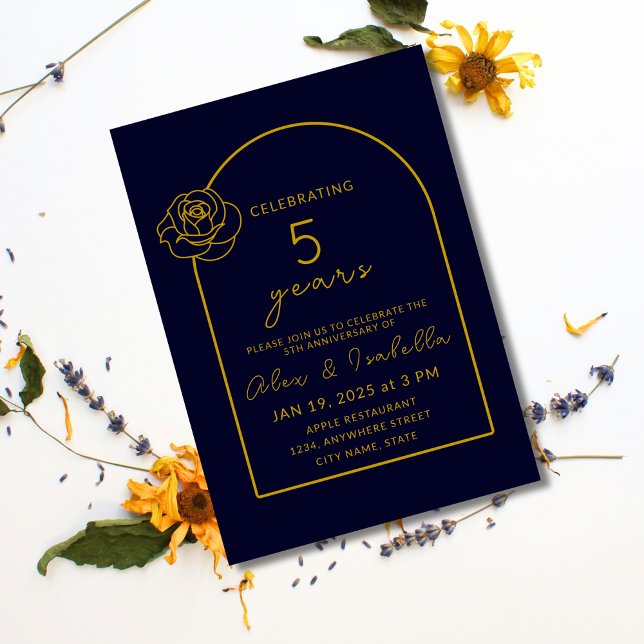 Invitation Marine moderne et or 5e anniversaire Mariage (Modern, elegant, minimalist navyblueand gold custom 5th year wood wedding anniversary invitation.png)