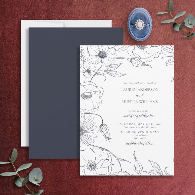 Invitation Marine moderne Ligne bleue Art Mariage floral (Créateur téléchargé)