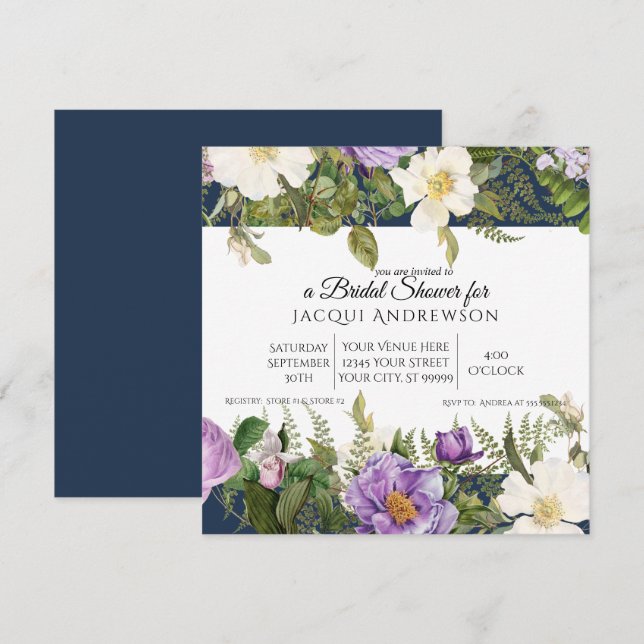 Invitation Marine n Lavender Ivory Roses Floral Fête des mari (Devant / Derrière)