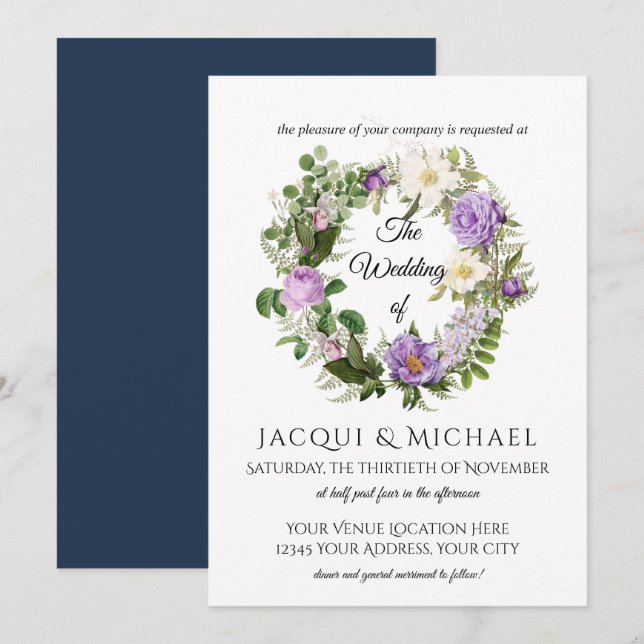 Invitation Marine n Lavender Ivory Roses w Fern Wreath Mariag (Devant / Derrière)