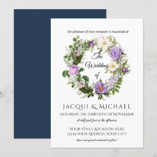 Invitation Marine n Lavender Ivory Roses w Fern Wreath Mariag