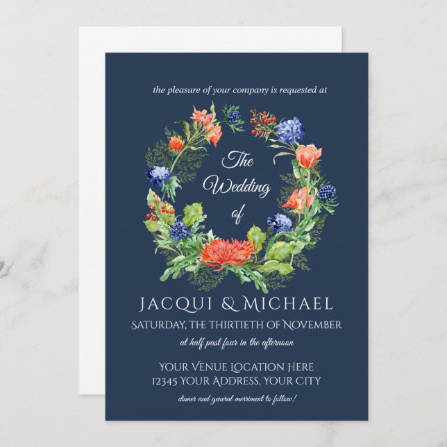 Invitation Marine n Orange maman n Thistle Floral Wreath Mari (Devant / Derrière)
