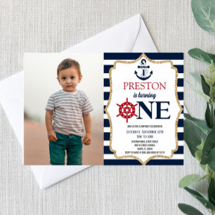 Invitation Marine Nautique Bleu Une photo 1er premier anniver