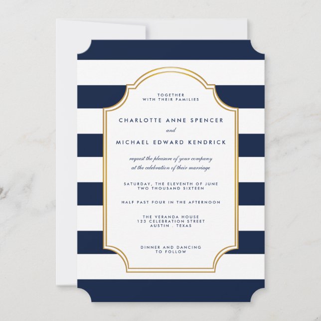 Invitation Marine nautique | Mariage moderne en bande blanche (Devant)