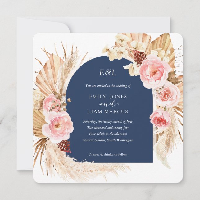 Invitation Marine Pampas Grass Moderne Boho Floral Carré (Devant)