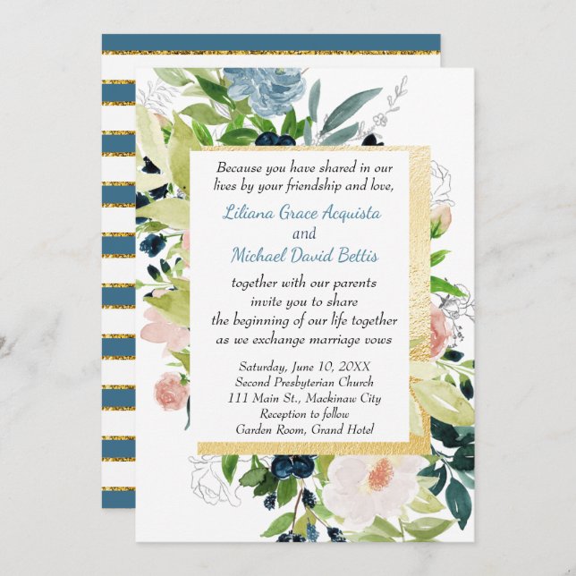 Invitation Marine Peach et or Aquarelle Mariage floral (Devant / Derrière)