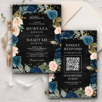 Marine Pêcher Floral QR Code Black Muslim Mariage
