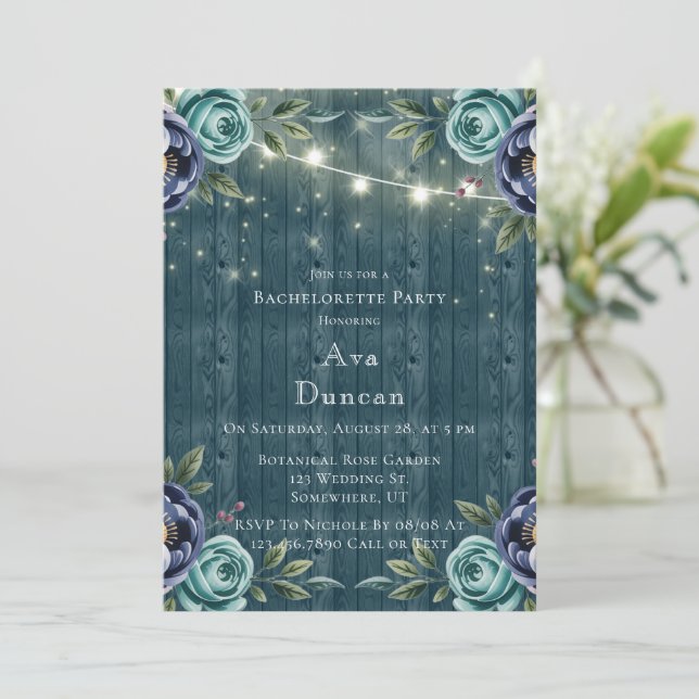 Invitation Marine Peonies et Turquoise Rose Bachelorette Part (Debout devant)