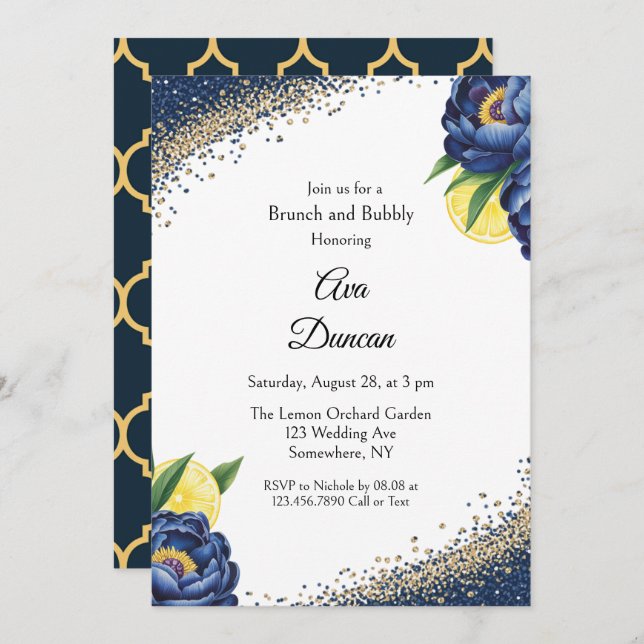 Invitation Marine Peony Citrus peint Floral Brunch & Bubbly (Devant / Derrière)