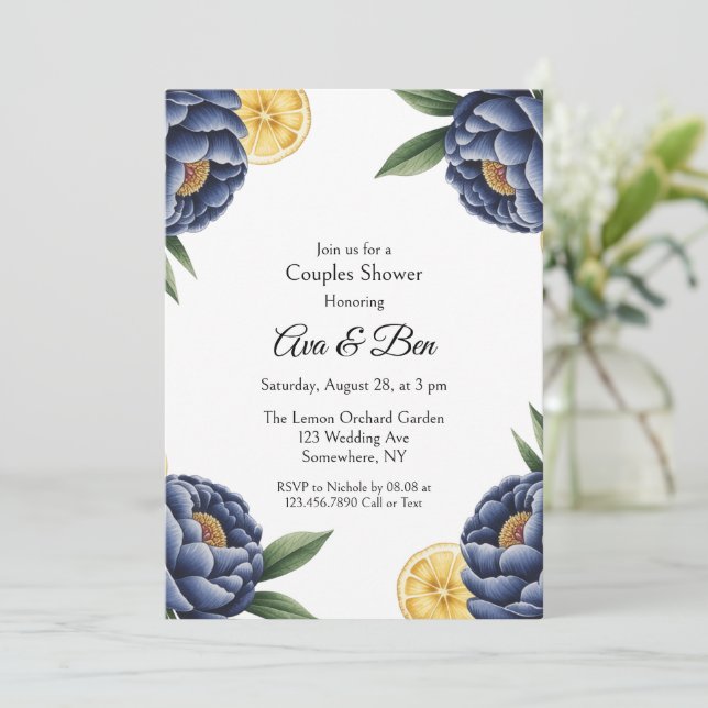Invitation Marine Peony Citrus peint Floral Couples Douche (Debout devant)