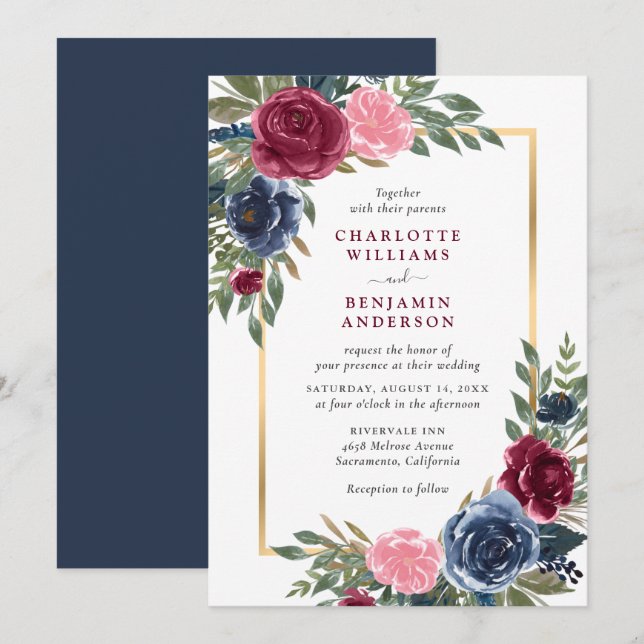Invitation Marine personnalisée Bleu Bourgogne Or Floral (Devant / Derrière)