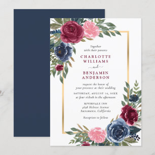 Invitation Marine personnalisée Bleu Bourgogne Or Floral
