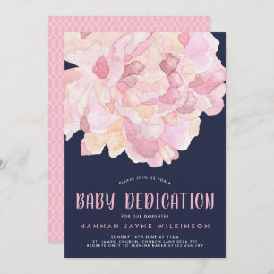 Invitation Marine & Pink Aquarelle Peony Dedication bébé