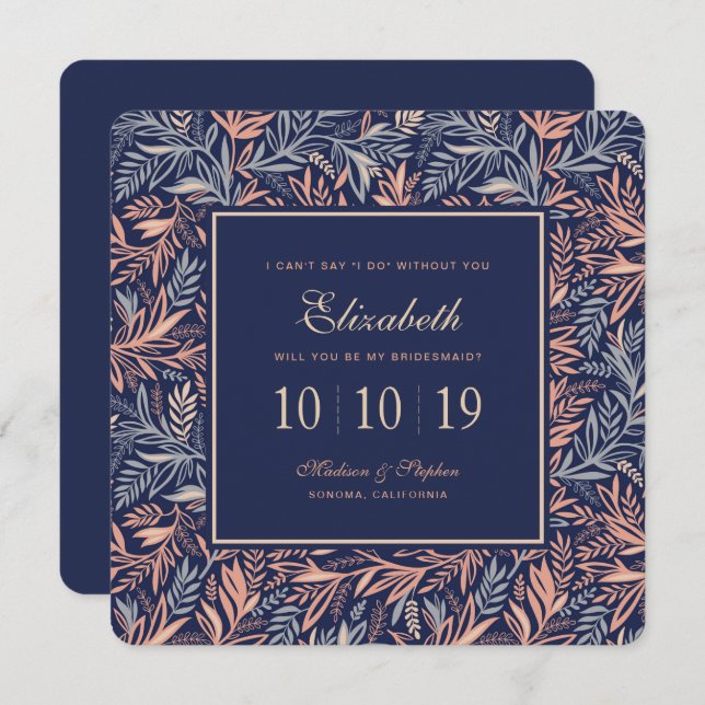 Invitation Marine & Pink Floral & Plante Motif - Bridesmaid (Devant / Derrière)