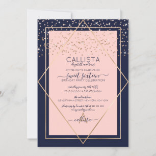Invitation Marine Pink Gold Confetti Bordure Sweet 16