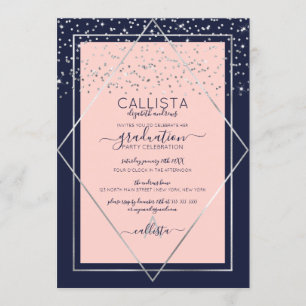 Invitation Marine Pink Silver Confetti Bordure Graduation