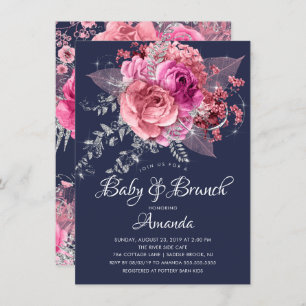 Invitation Marine Pink & Silver Floral Baby Brunch Douche