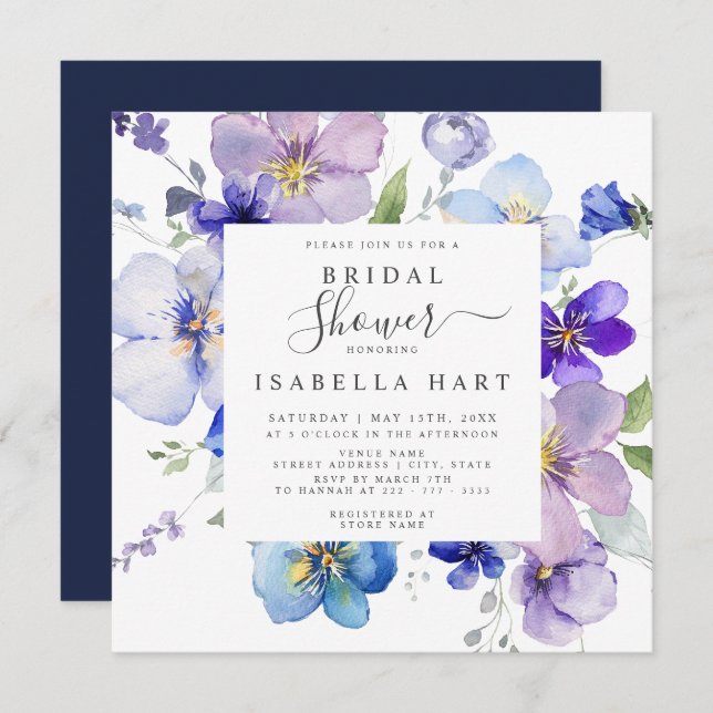 Invitation Marine Purple Mauve Pansy Viola Floral Fête des ma (Devant / Derrière)