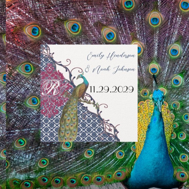 Invitation Marine & Raspberry Peacock Damask Enregistrer la d (Créateur téléchargé)