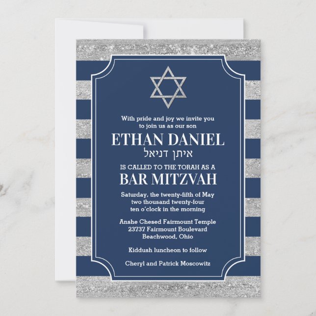 Invitation Marine rayée, Grey Bar Mitzvah Étoile de David (Devant)