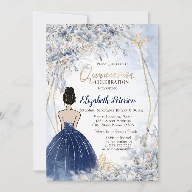 Invitation Marine Robe Bleue fille, Fleurs Bleues Quinceanera (Devant)