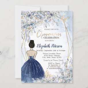 Invitation Marine Robe Bleue fille, Fleurs Bleues Quinceanera
