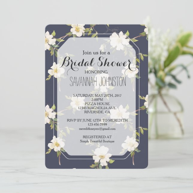 Invitation Marine Romantique Bleu Blanc Floral Douche nuptial (Debout devant)