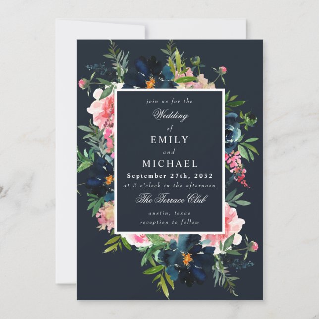 Invitation Marine Romantique Bleu Bleu rose floral rose (Devant)