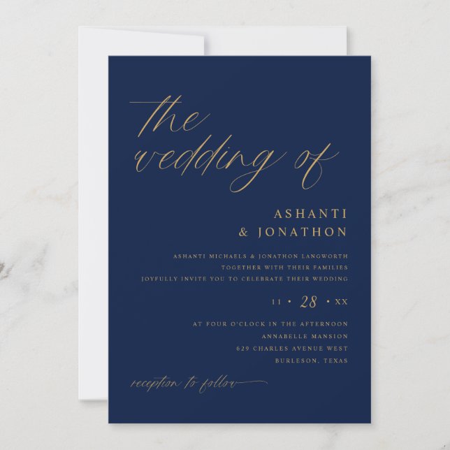 Invitation Marine romantique douce et or tout en un Mariage (Devant)