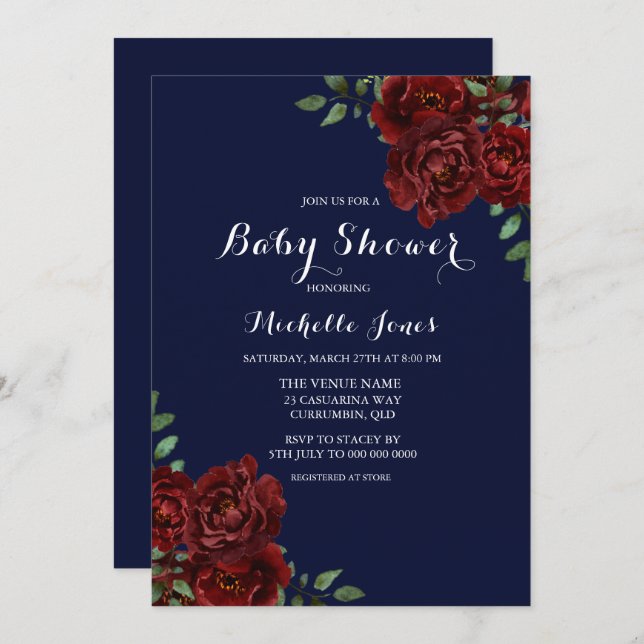 Invitation Marine romantique et Rose rouge Baby shower floral (Devant / Derrière)