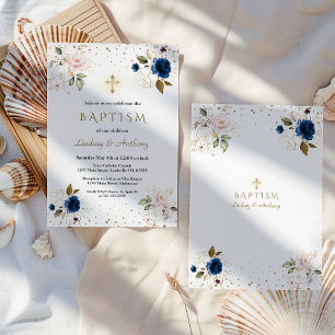 Invitation Marine rose bleu Floral Gold Cross jumeaux Baptême
