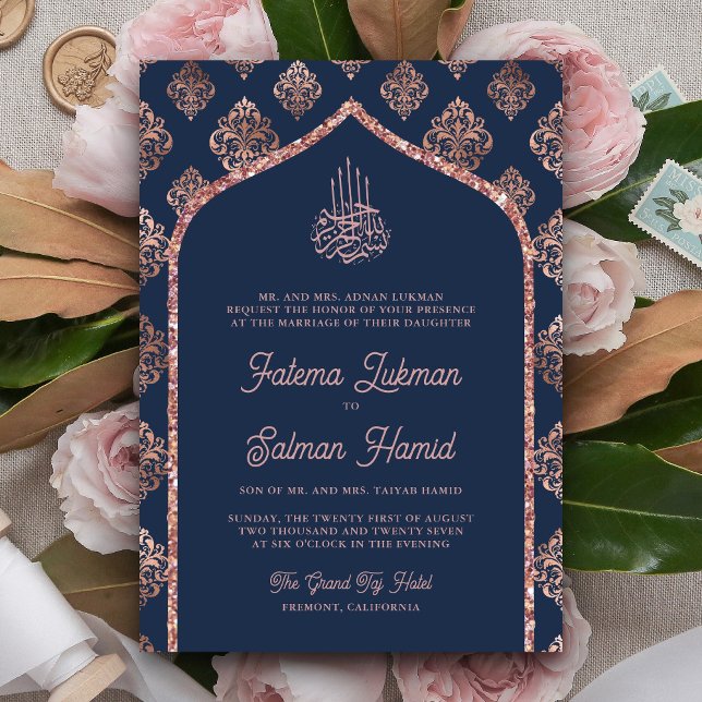 Invitation Marine Rose bleu or Damask Arch Mariage musulman (Créateur téléchargé)