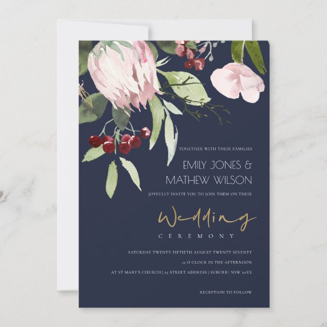 INVITATION MARINE ROSE BURGUNDY PROA MARIAGE FLORAL (Devant)