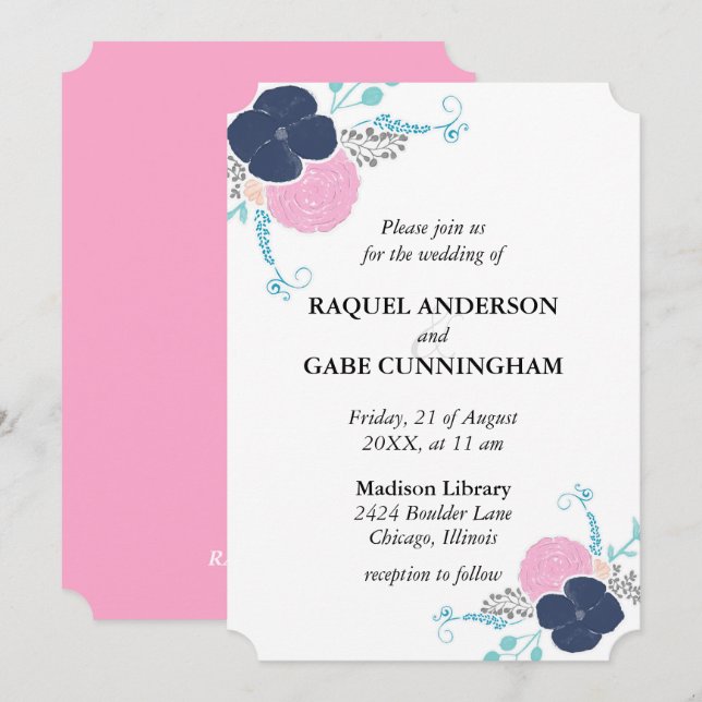 Invitation Marine rose et Turquoise floral double face - (Devant / Derrière)
