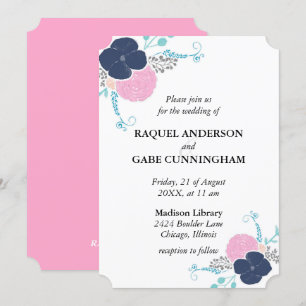 Invitation Marine rose et Turquoise floral double face -