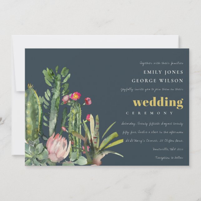 INVITATION MARINE ROSE FLORALE CACTI FAUNA MARIAGE DE COULEUR (Devant)