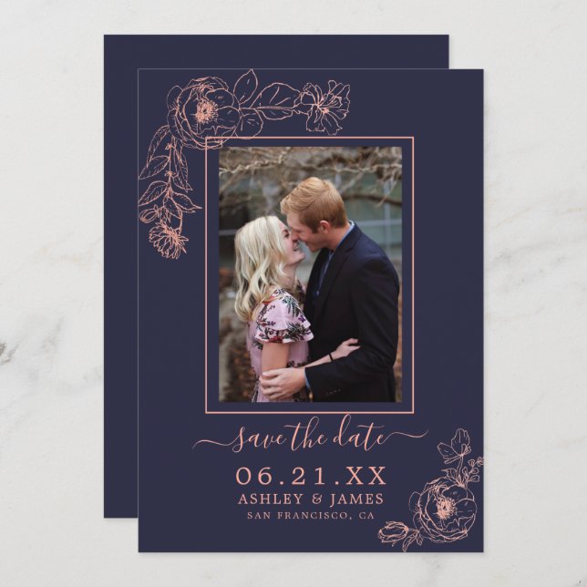 Invitation Marine Rose Gold Floral Photo Wedding Enregistrer  (Devant / Derrière)