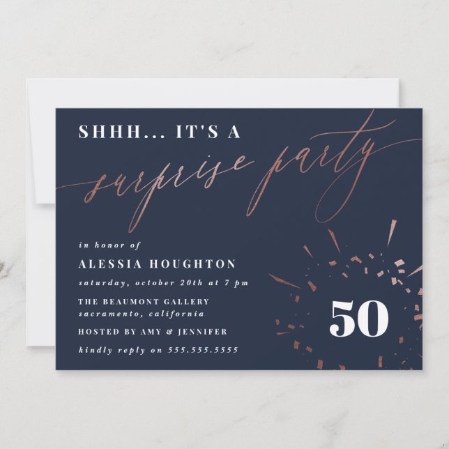 Invitation Marine & Rose Gold Script Surprise Party Invitatio (Devant)