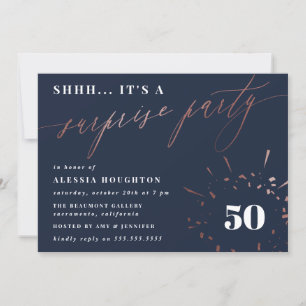 Invitation Marine & Rose Gold Script Surprise Party Invitatio