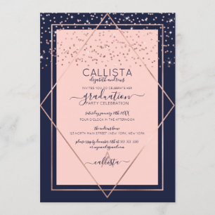Invitation Marine Rose Rose Gold Confetti Bordure Graduation