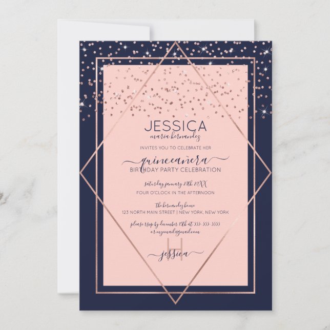 Invitation Marine Rose Rose Gold Confetti Frontière Quinceañe (Devant)